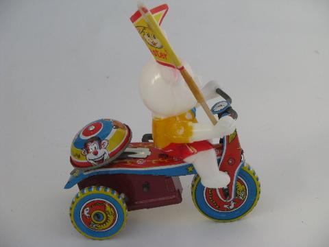 photo of Easter Bunny on litho print bike, vintage Japan wind-up tin toy in box #5