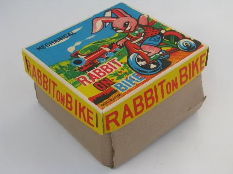 photo of Easter Bunny on litho print bike, vintage Japan wind-up tin toy in box #10