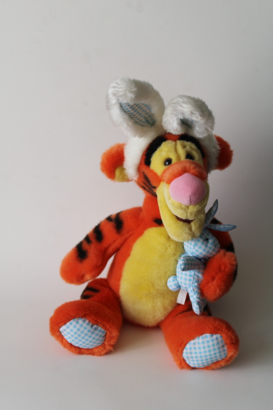 photo of Easter Tigger Disney Store plush 11 inches tall, rabbit ears Tigger w/ blue gingham stuffed bunny  #1