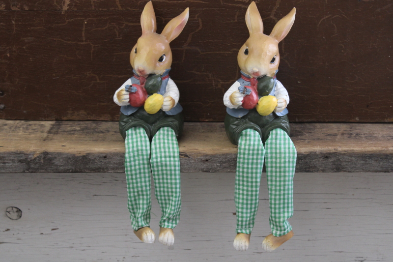 photo of Easter bunny country bunnies shelf sitter twins, primitive folk art style resin figurines #1