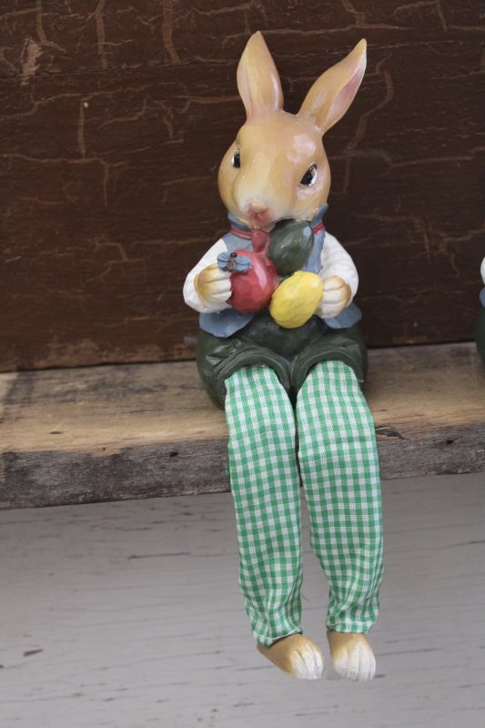 photo of Easter bunny country bunnies shelf sitter twins, primitive folk art style resin figurines #2