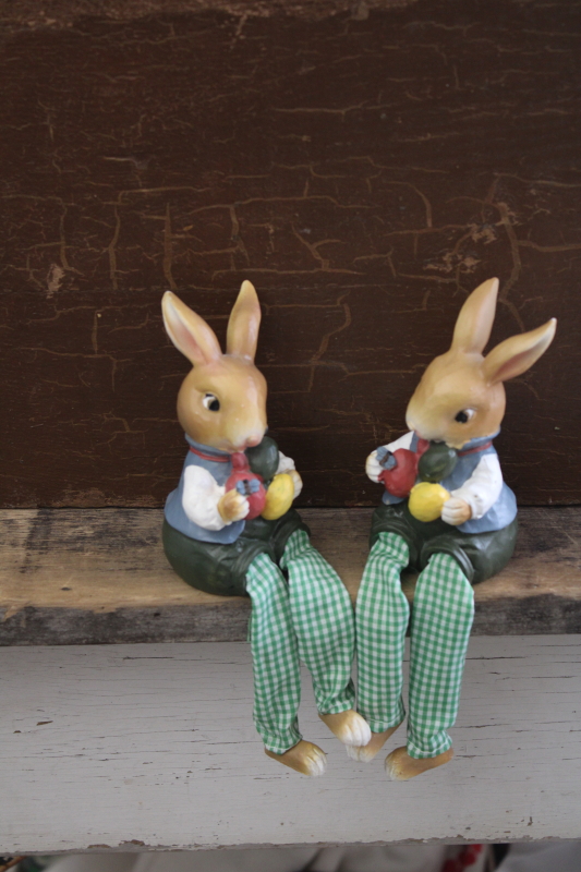 photo of Easter bunny country bunnies shelf sitter twins, primitive folk art style resin figurines #3