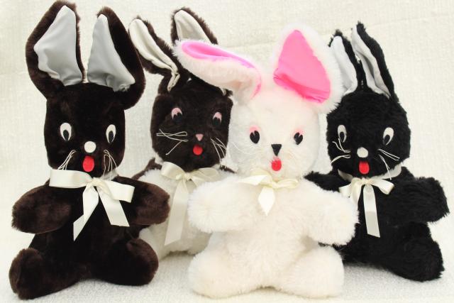 photo of Easter bunny toy rabbits, 1960s vintage handmade stuffed animals, fuzzy fur felt trimmed toys #1