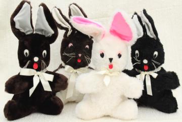 catalog photo of Easter bunny toy rabbits, 1960s vintage handmade stuffed animals, fuzzy fur felt trimmed toys