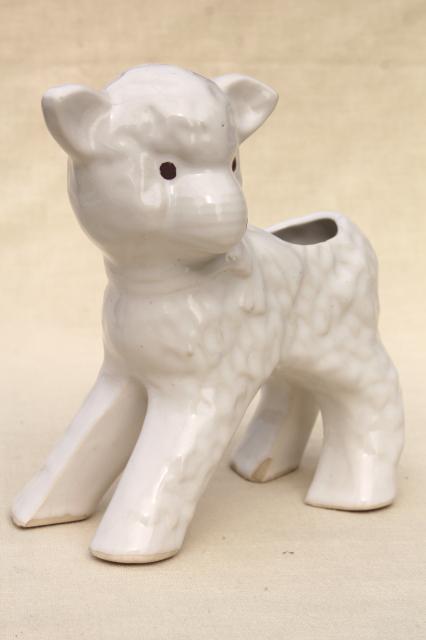 photo of Easter lamb vintage pottery planter, cute 1950s vintage baby animal figurine flower pot #1