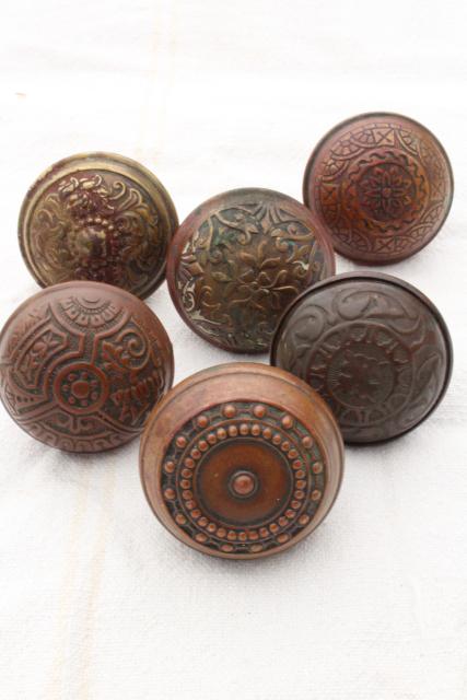 photo of Eastlake antique brass door knobs, original patina art nouveau vintage hardware lot #1