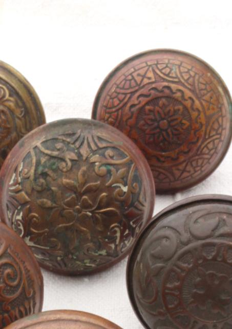 photo of Eastlake antique brass door knobs, original patina art nouveau vintage hardware lot #2