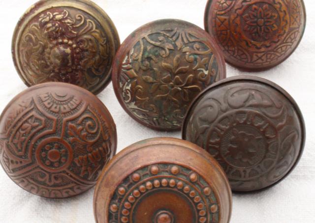 photo of Eastlake antique brass door knobs, original patina art nouveau vintage hardware lot #3