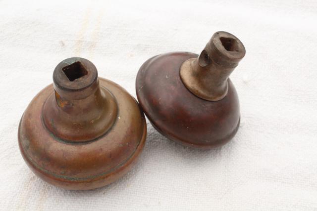 photo of Eastlake antique brass door knobs, original patina art nouveau vintage hardware lot #5