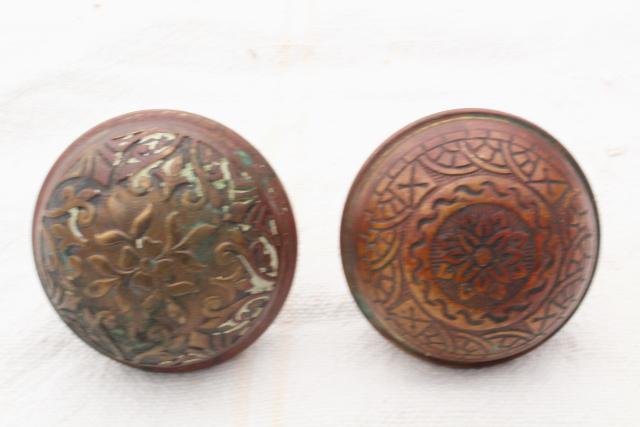 photo of Eastlake antique brass door knobs, original patina art nouveau vintage hardware lot #6