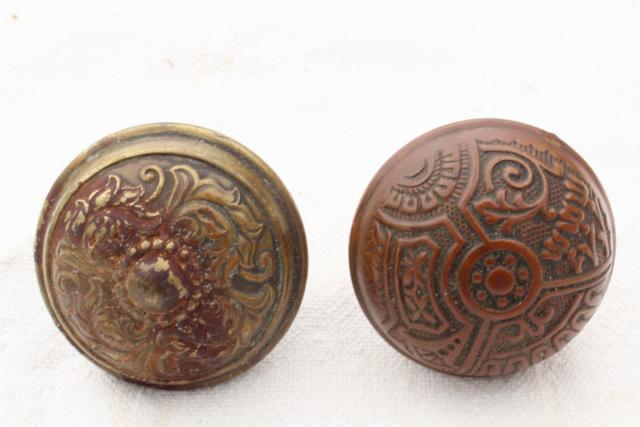 photo of Eastlake antique brass door knobs, original patina art nouveau vintage hardware lot #8