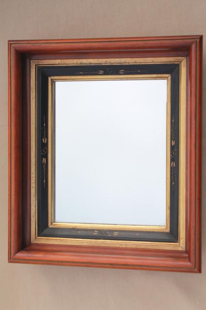 photo of Eastlake antique mirror, early 1900s vintage deep wood picture frame w/ carving #1