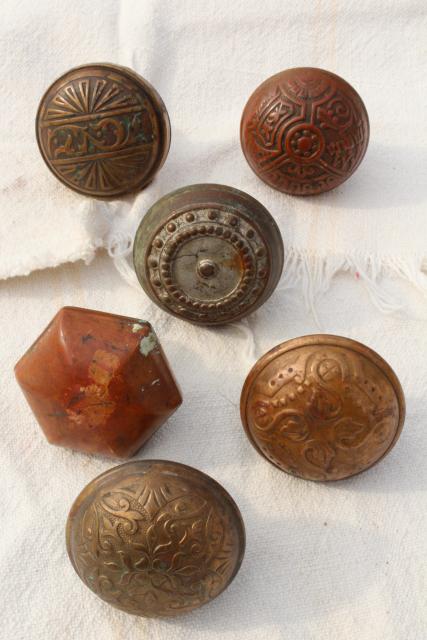 photo of Eastlake vintage antique brass door knobs, original patina aesthetic hardware lot #1