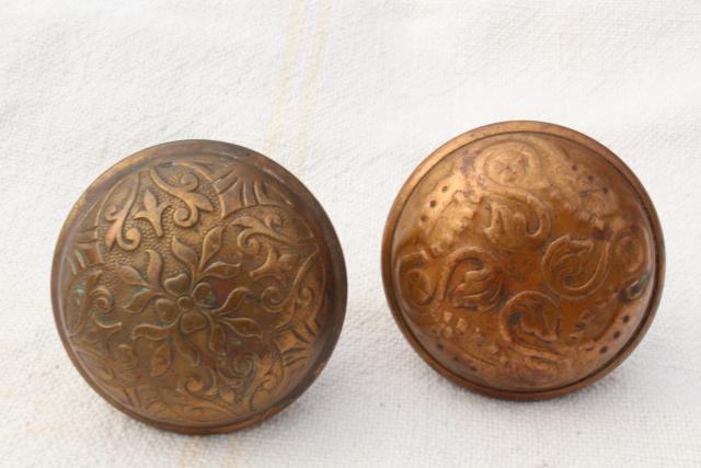 photo of Eastlake vintage antique brass door knobs, original patina aesthetic hardware lot #4