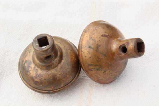 photo of Eastlake vintage antique brass door knobs, original patina aesthetic hardware lot #5