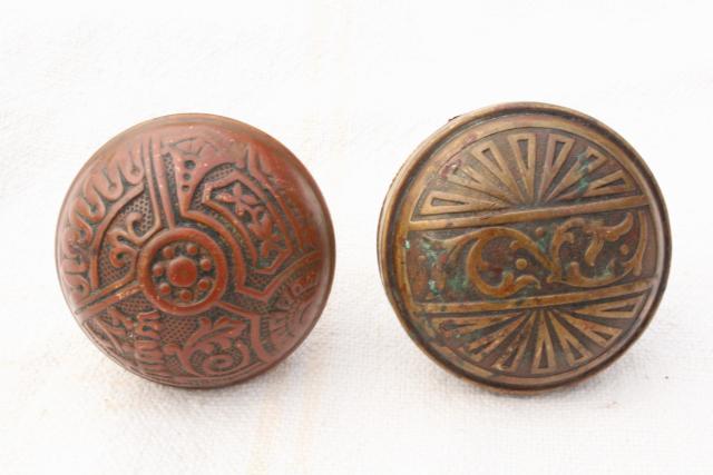 photo of Eastlake vintage antique brass door knobs, original patina aesthetic hardware lot #6