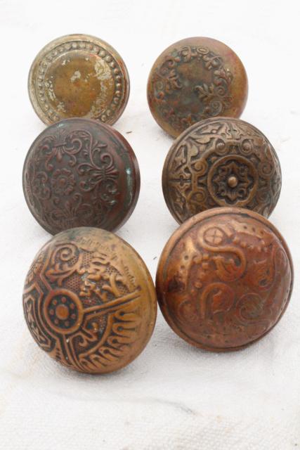 photo of Eastlake vintage antique brass door knobs, original patina aesthetic hardware lot  #1