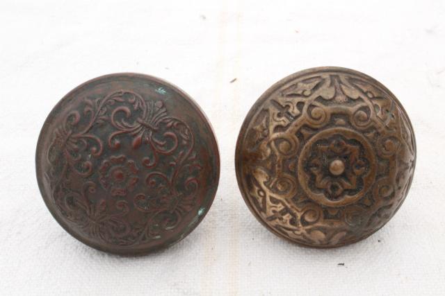 photo of Eastlake vintage antique brass door knobs, original patina aesthetic hardware lot  #4