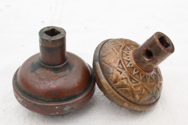 photo of Eastlake vintage antique brass door knobs, original patina aesthetic hardware lot  #5