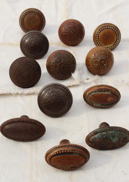 photo of Eastlake vintage antique door knobs, original brass patina aesthetic movement hardware lot #1