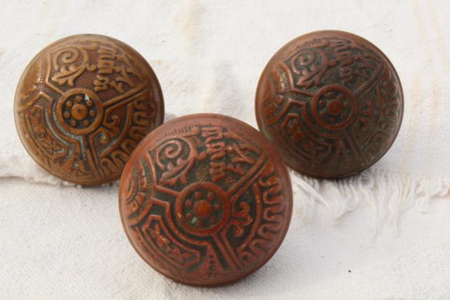 photo of Eastlake vintage antique door knobs, original brass patina aesthetic movement hardware lot #4