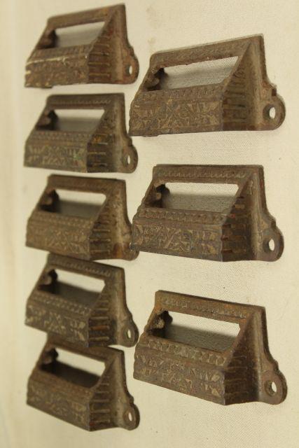 photo of Eastlake vintage cast iron bin style drawer pulls, ornate antique hardware #1