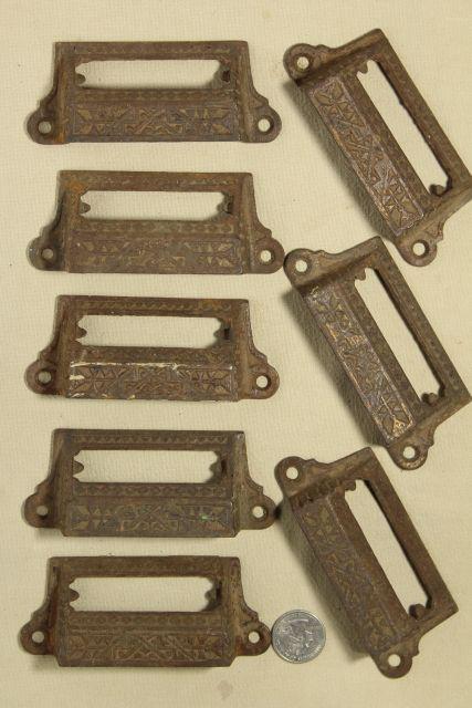 photo of Eastlake vintage cast iron bin style drawer pulls, ornate antique hardware #3