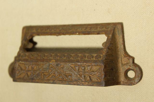 photo of Eastlake vintage cast iron bin style drawer pulls, ornate antique hardware #4