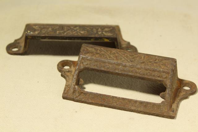 photo of Eastlake vintage cast iron bin style drawer pulls, ornate antique hardware #8