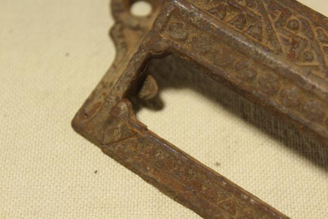 photo of Eastlake vintage cast iron bin style drawer pulls, ornate antique hardware #10