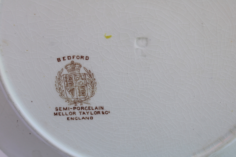 photo of Edwardian era antique transferware ironstone china dinner plates, stained brown & pink floral  #4