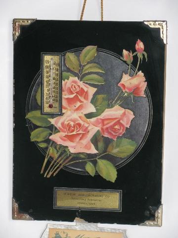 photo of Edwardian style floral reverse painted glass w/ vintage 1950s advertising calendar #2