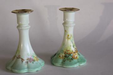 catalog photo of Edwardian vintage china boudoir candlesticks, hand painted yellow rose floral