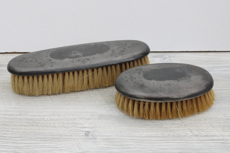 photo of Edwardian vintage early 1900s clothes brush set w/ natural bristles, antique brushes w/ worn silver #1