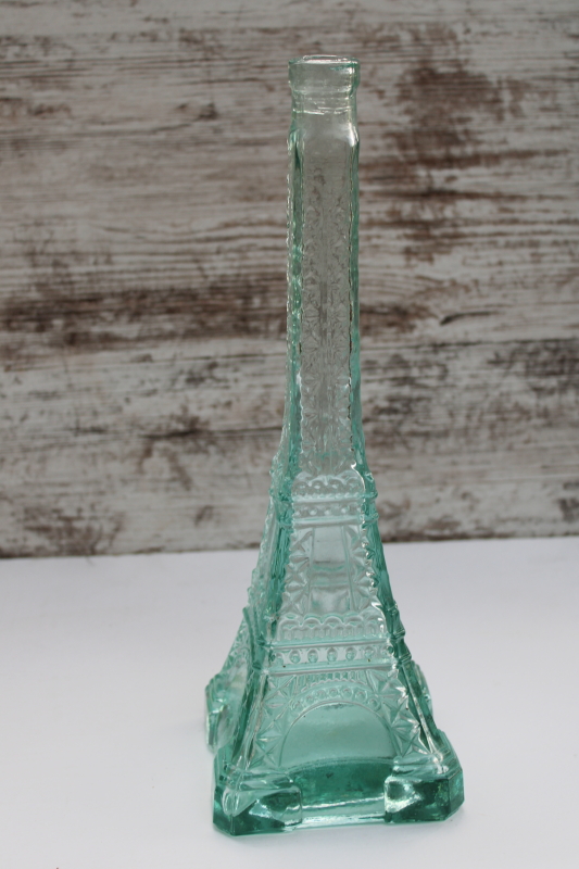 photo of Eiffel tower tall glass bottle, decanter or floor vase sea green recycled glass #1