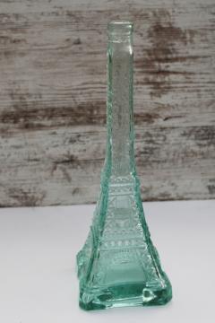 catalog photo of Eiffel tower tall glass bottle, decanter or floor vase sea green recycled glass 