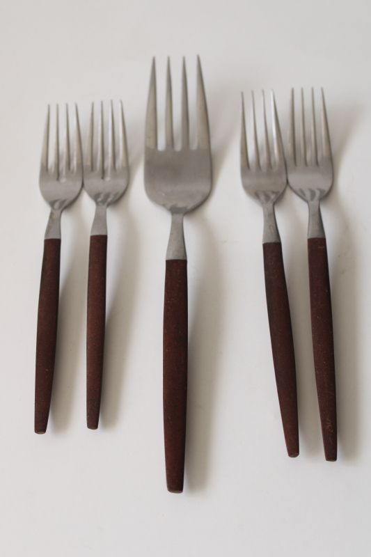 photo of Ekco Eterna Canoe Muffin forks lot stainless w/ rosewood brown melamine handles mod vintage #1