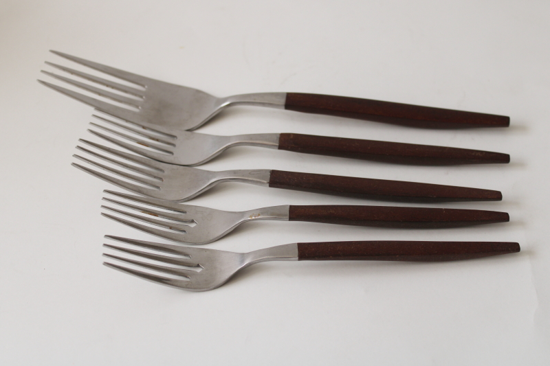 photo of Ekco Eterna Canoe Muffin forks lot stainless w/ rosewood brown melamine handles mod vintage #3