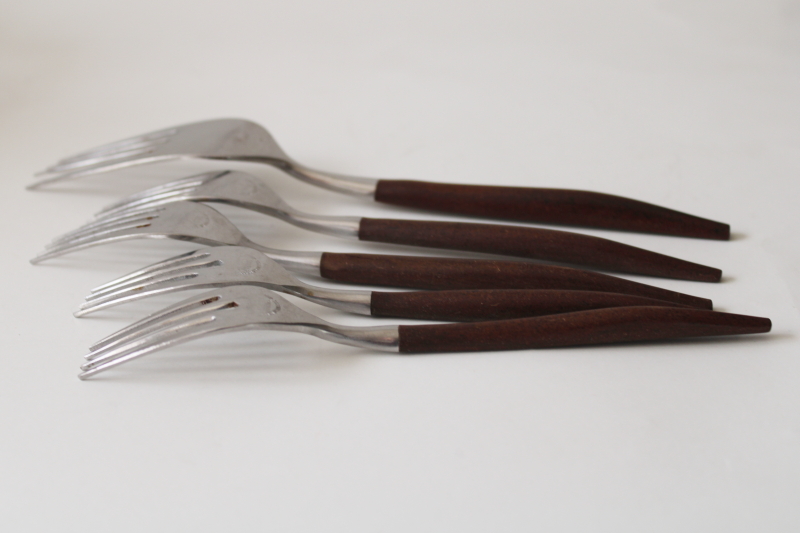 photo of Ekco Eterna Canoe Muffin forks lot stainless w/ rosewood brown melamine handles mod vintage #4