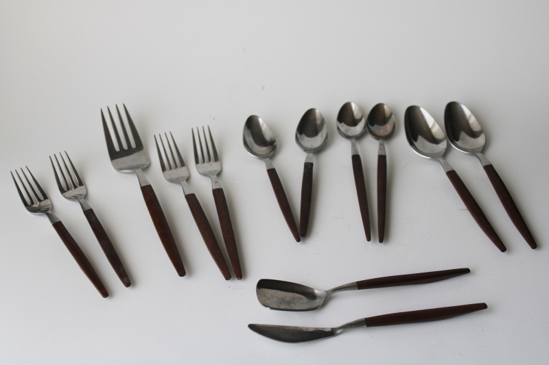 photo of Ekco Eterna Canoe Muffin stainless flatware lot, mod vintage rosewood melamine handles #1