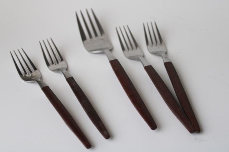 photo of Ekco Eterna Canoe Muffin stainless flatware lot, mod vintage rosewood melamine handles #8