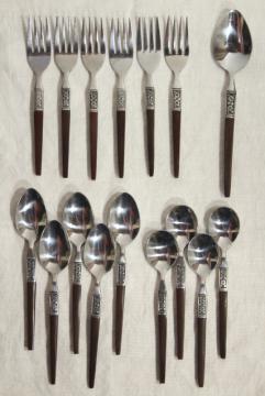 catalog photo of Ekco Eterna mod vintage stainless flatware, rose floral w/ rosewood melamine handles