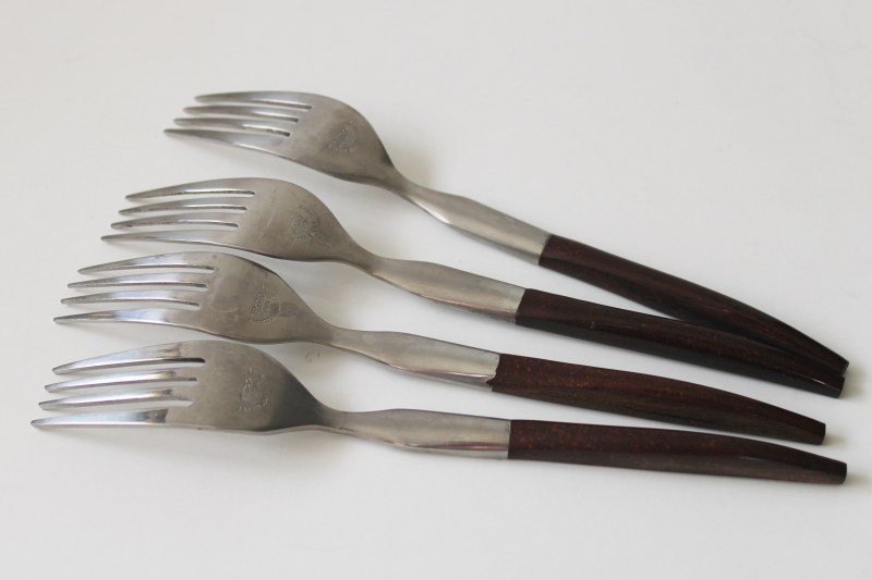 photo of Ekco Eterna stainless dinner forks La Joya floral rosewood brown melamine handles mod vintage #2