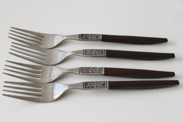 catalog photo of Ekco Eterna stainless dinner forks La Joya floral rosewood brown melamine handles mod vintage