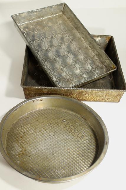 photo of Ekco Ovenex vintage baking pans, waffle textured & starburst pattern stamped metal #1