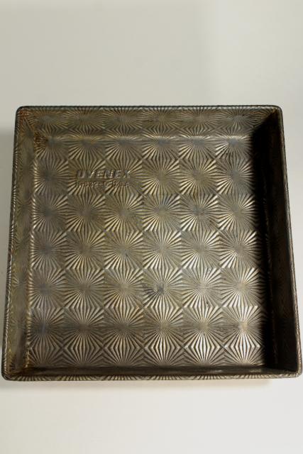 photo of Ekco Ovenex vintage baking pans, waffle textured & starburst pattern stamped metal #3