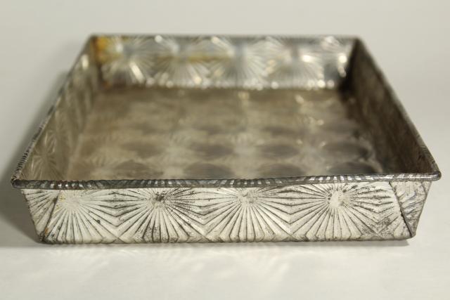 photo of Ekco Ovenex vintage baking pans, waffle textured & starburst pattern stamped metal #9