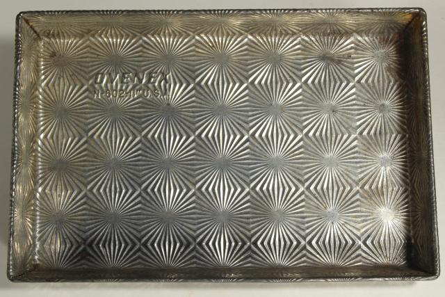 photo of Ekco Ovenex vintage baking pans, waffle textured & starburst pattern stamped metal #11