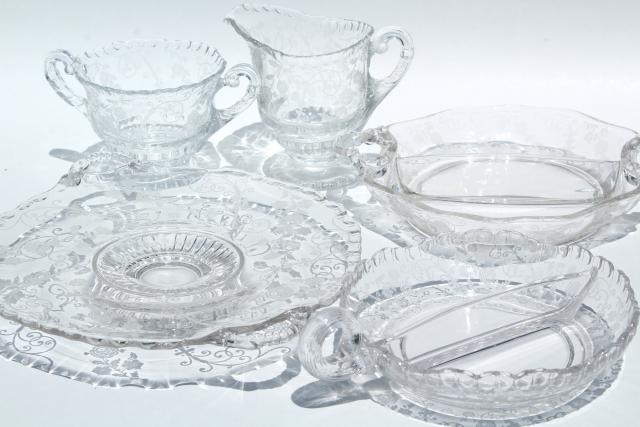 photo of Elaine etch Cambridge gadroon pattern glass serving pieces, vintage elegant glass #1