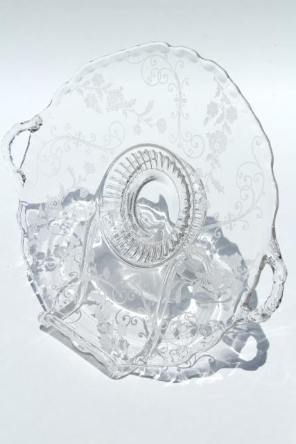 photo of Elaine etch Cambridge gadroon pattern glass serving pieces, vintage elegant glass #2